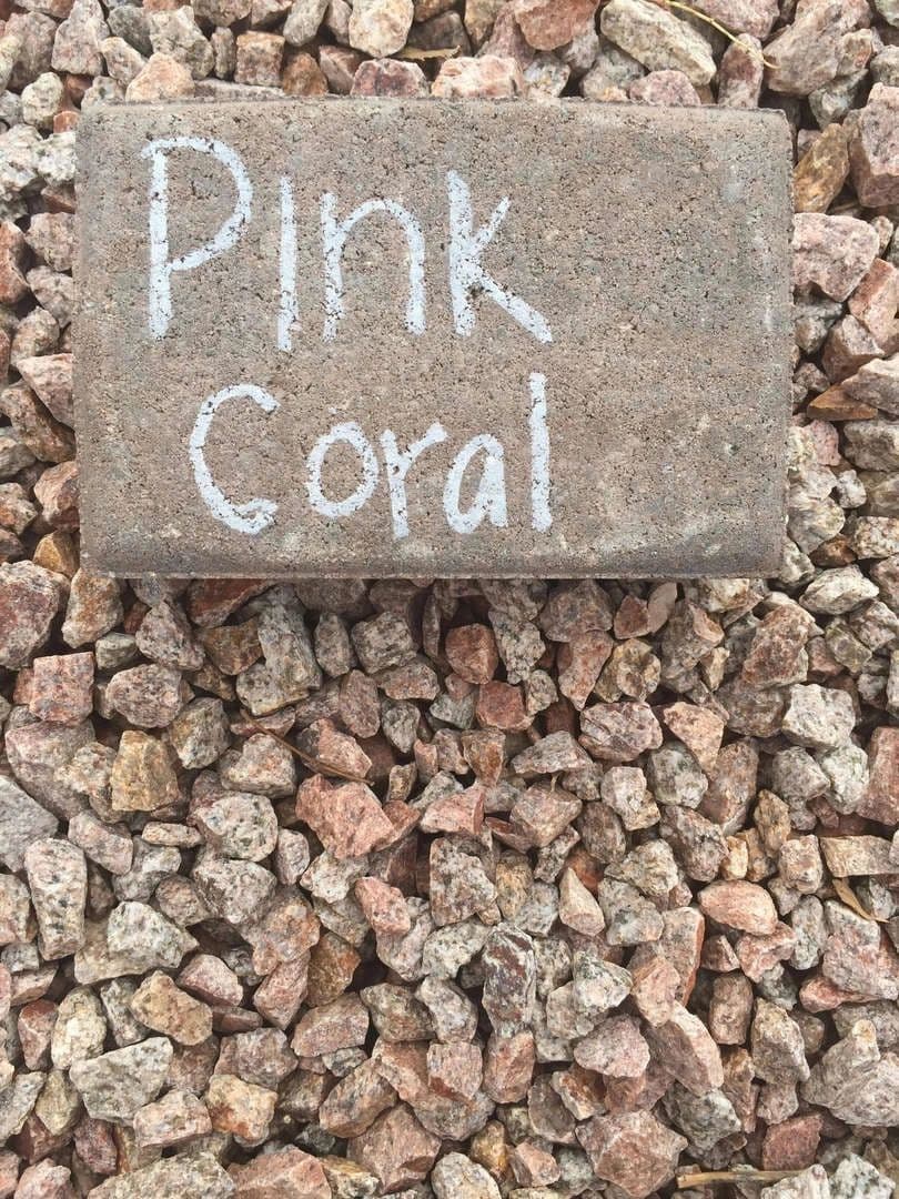 Pink Coral labeled stone on a bed of small gravel pebbles. Ideal for landscaping.